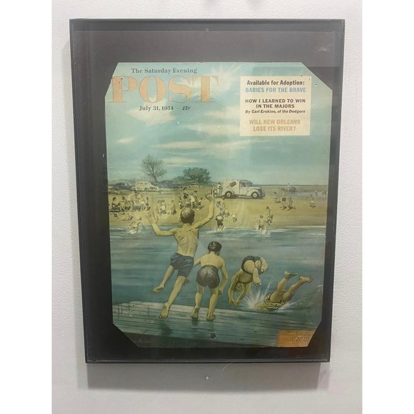 Old 1954 July POST Magazine Cover Framed Kids Jumping to Swim - Picture 1 of 6